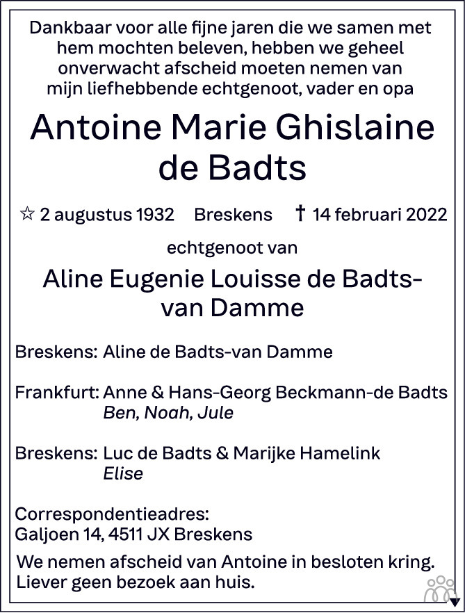 Overlijdensbericht van Antoine Marie Ghislaine de Badts in PZC Provinciale Zeeuwse Courant