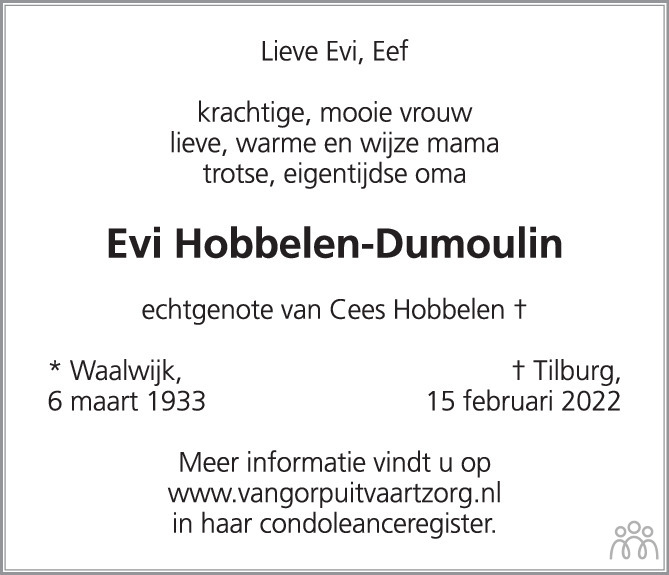 Overlijdensbericht van Evi Hobbelen-Dumoulin in Brabants Dagblad