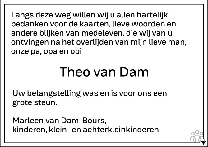 Overlijdensbericht van Theo van Dam in PZC Provinciale Zeeuwse Courant