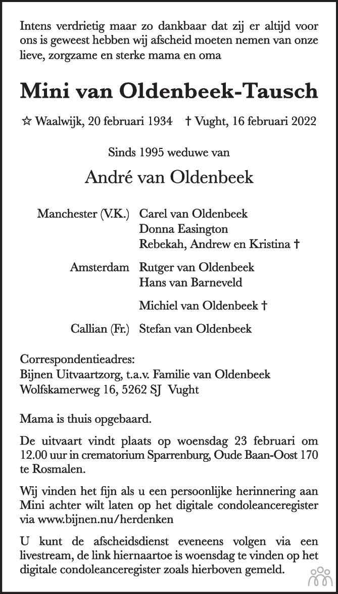 Overlijdensbericht van Mini van Oldenbeek-Tausch in Brabants Dagblad