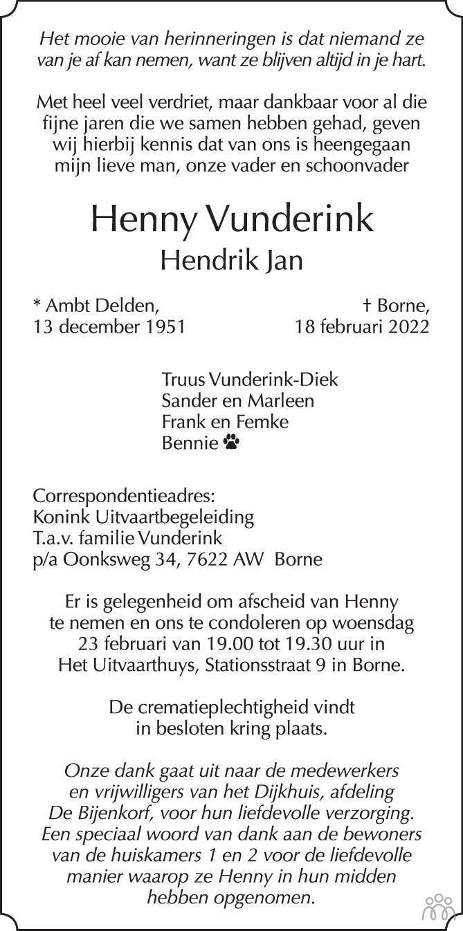 Henny Hendrik Jan Vunderink Overlijdensbericht En Condoleances Mensenlinq Nl