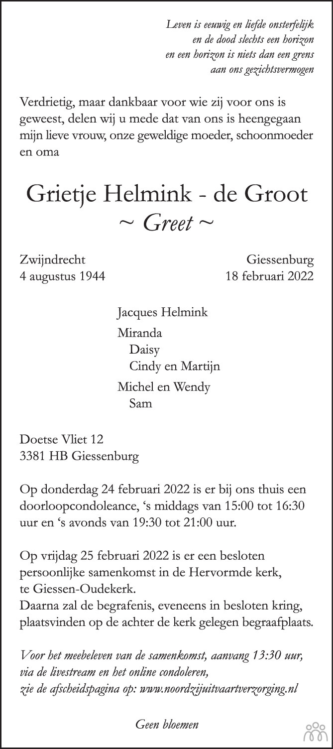 Overlijdensbericht van Grietje (Greet) Helmink-de Groot in AD Algemeen Dagblad