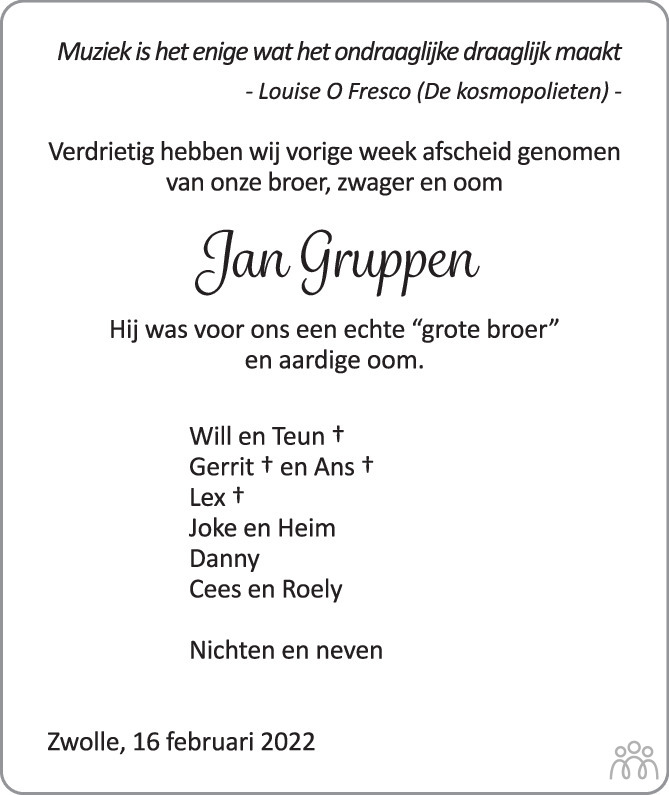 Jan Gruppen 16 02 2022 Overlijdensbericht En Condoleances Mensenlinq nl