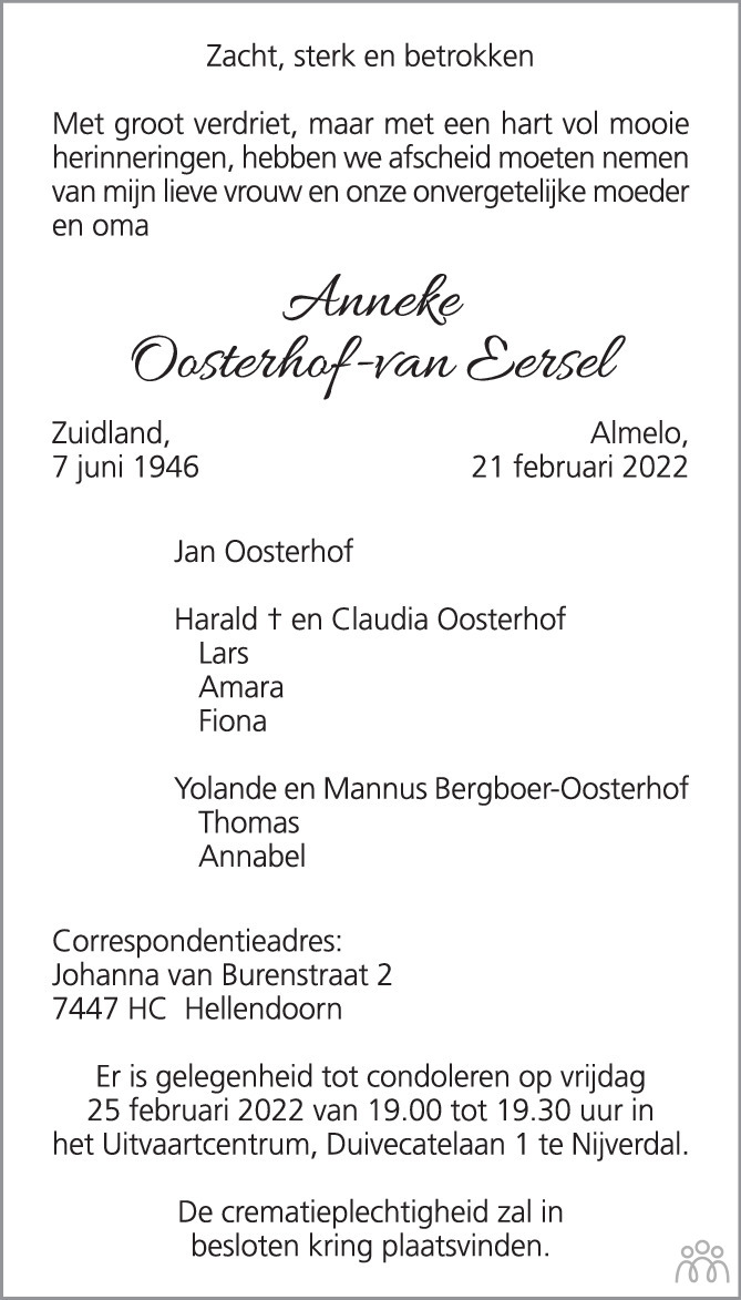 Overlijdensbericht van Anneke Oosterhof-van Eersel in de Stentor