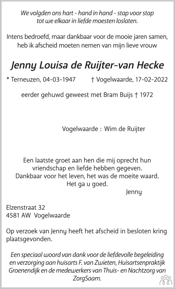 Overlijdensbericht van Jenny Louisa de Ruijter-van Hecke in PZC Provinciale Zeeuwse Courant