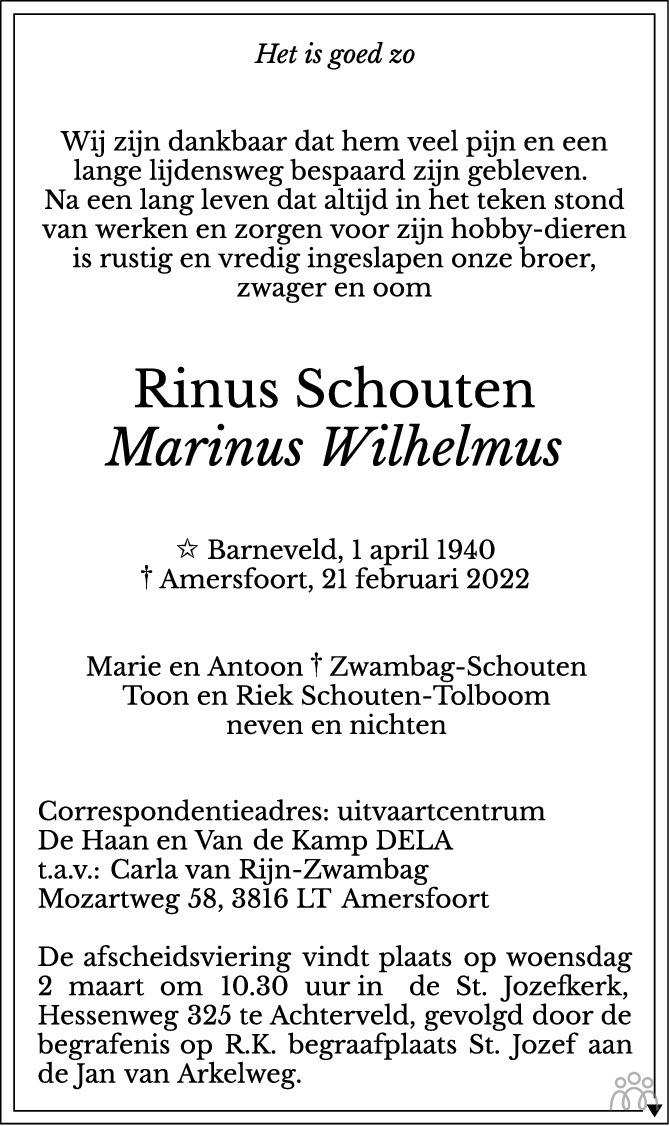 Overlijdensbericht van Rinus (Marinus Wilhelmus) Schouten in AD Algemeen Dagblad