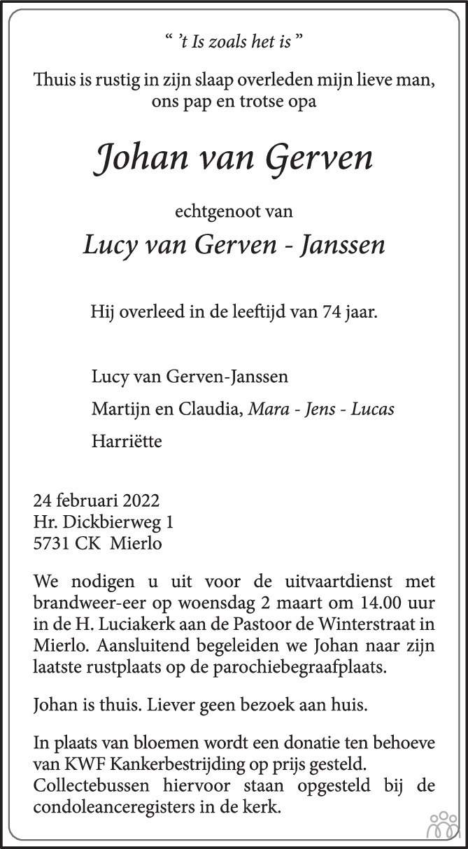 Johan van Gerven 24-02-2022 overlijdensbericht en condoleances ...