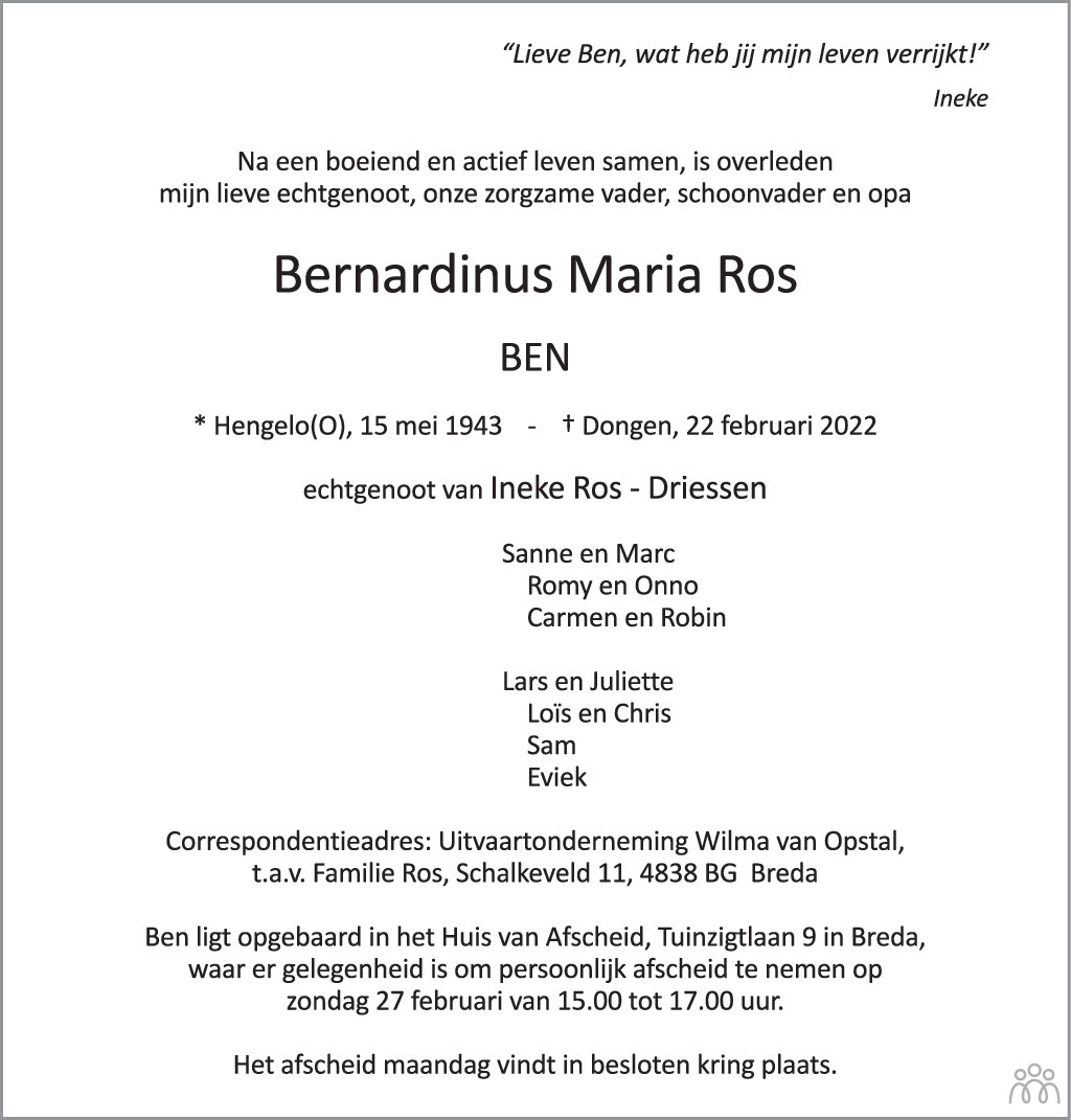 Overlijdensbericht van Bernardinus Maria (Ben) Ros in BN DeStem