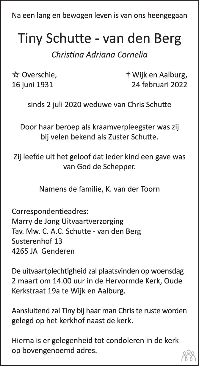 Overlijdensbericht van Tiny (Christina Adriana Cornelia) Schutte-van den Berg in de Gelderlander