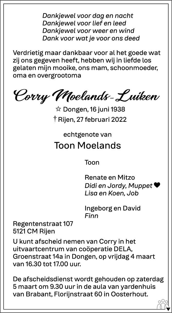 Overlijdensbericht van Corry Moelands-Luiker in BN DeStem