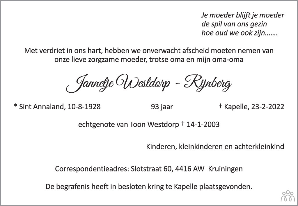 Overlijdensbericht van Jannetje Westdorp-Rijnberg in PZC Provinciale Zeeuwse Courant