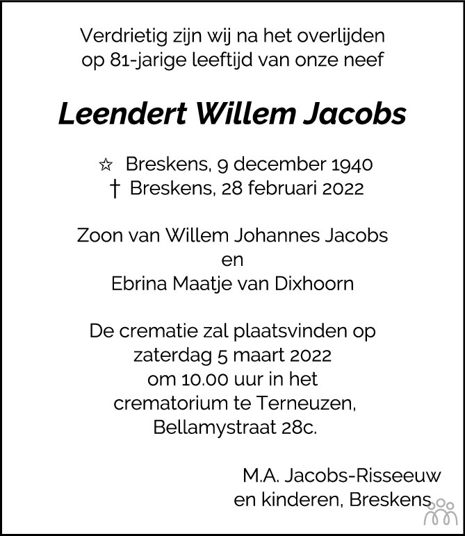 Overlijdensbericht van Leendert Willem Jacobs in PZC Provinciale Zeeuwse Courant