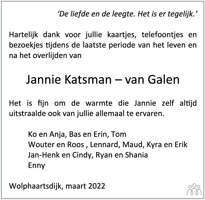 Overlijdensbericht van Jannie Gerda Katsman-van Galen in PZC Provinciale Zeeuwse Courant