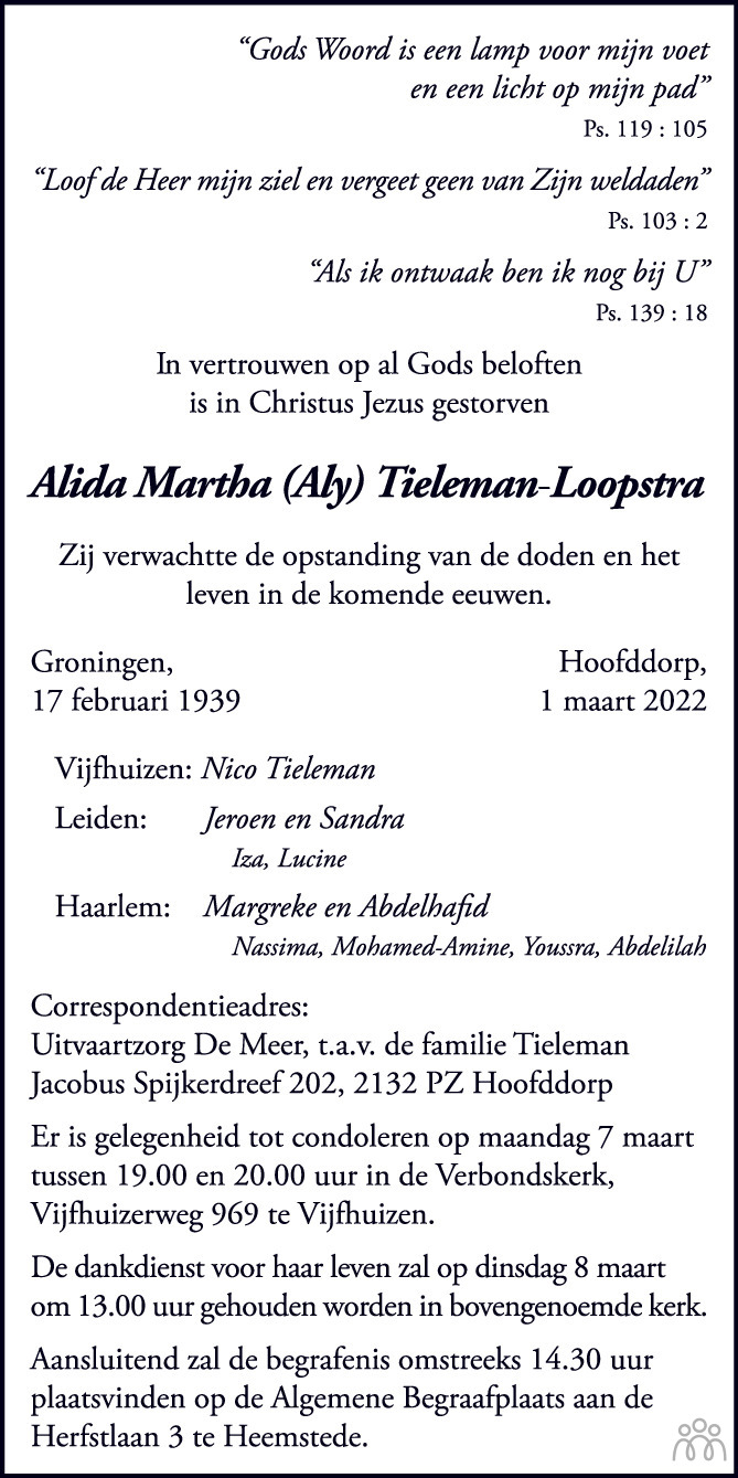 Overlijdensbericht van Alida Martha (Aly) Tieleman-Loopstra in Trouw