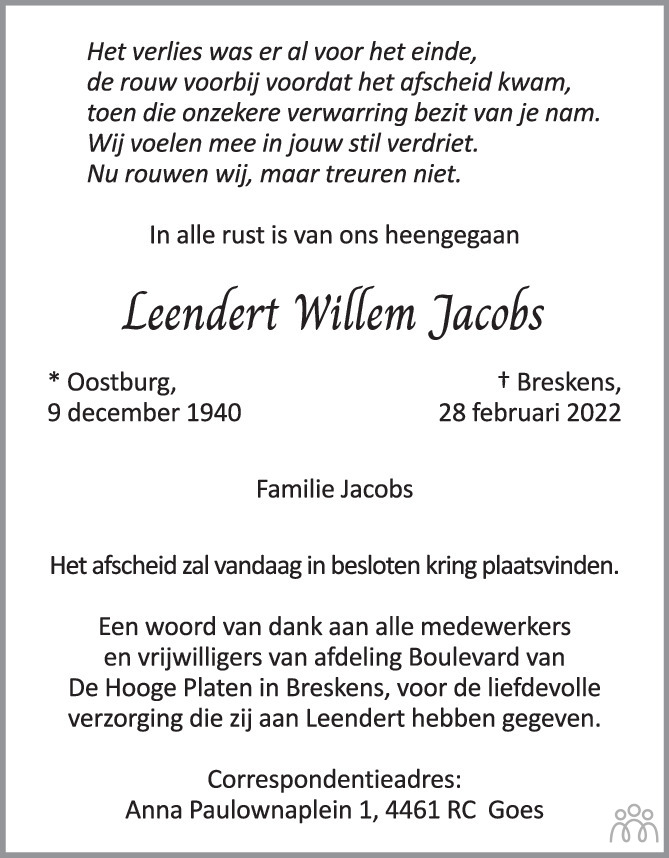 Overlijdensbericht van Leendert Willem Jacobs in PZC Provinciale Zeeuwse Courant
