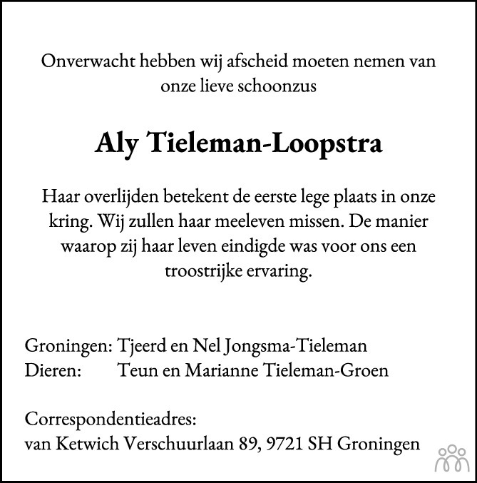 Overlijdensbericht van Alida Martha (Aly) Tieleman-Loopstra in Trouw