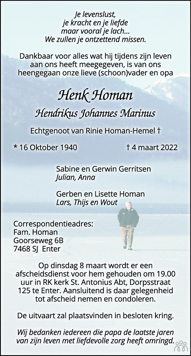 Henk Hendrikus Johannes Marinus Homan Overlijdensbericht