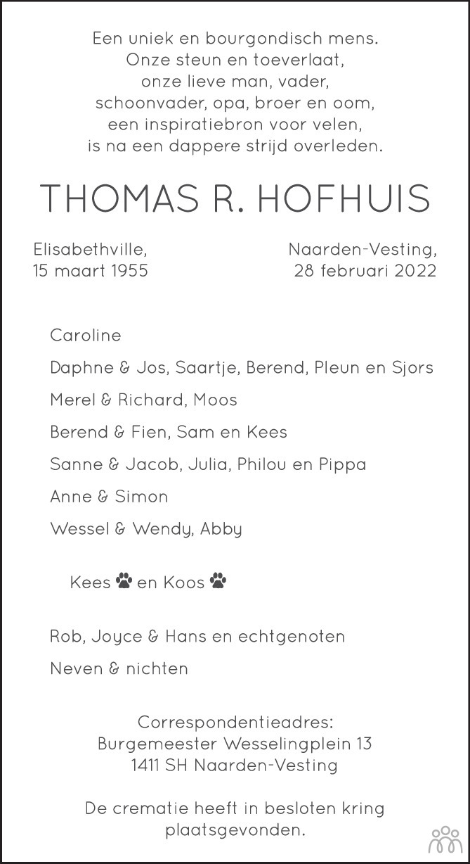 Overlijdensbericht van Thomas R. Hofhuis in de Volkskrant