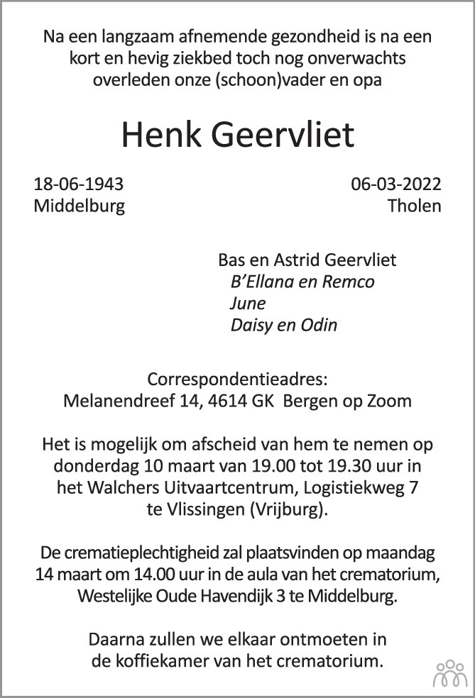 Overlijdensbericht van Henk Geervliet in PZC Provinciale Zeeuwse Courant