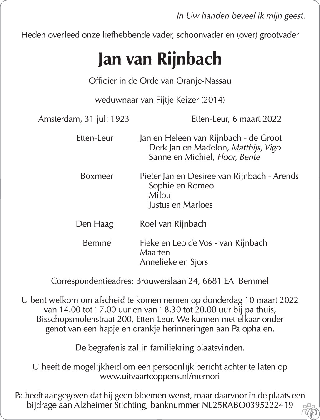 Overlijdensbericht van Jan van Rijnbach in Trouw