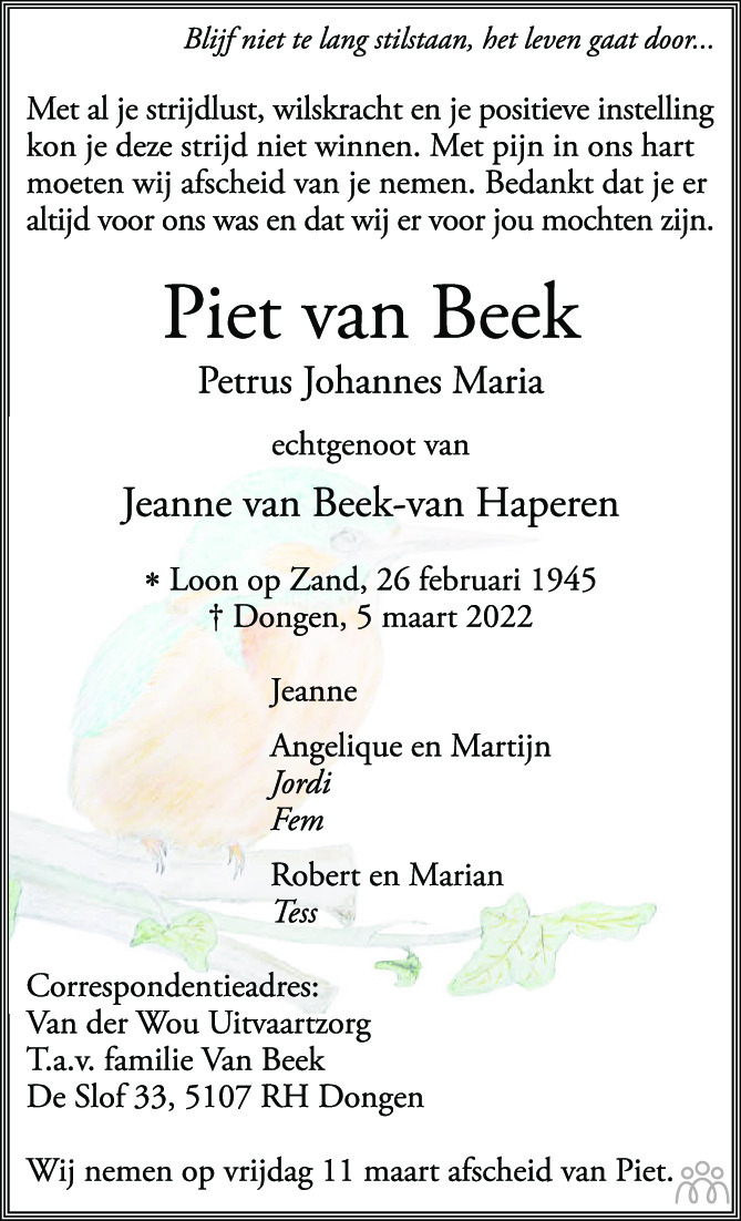 Overlijdensbericht van Piet (Petrus Johannes Maria) van Beek in BN DeStem