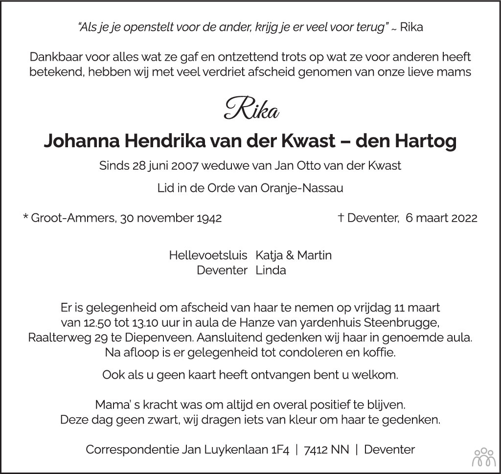 Overlijdensbericht van Johanna Hendrika (Rika) van der Kwast-den Hartog in de Stentor