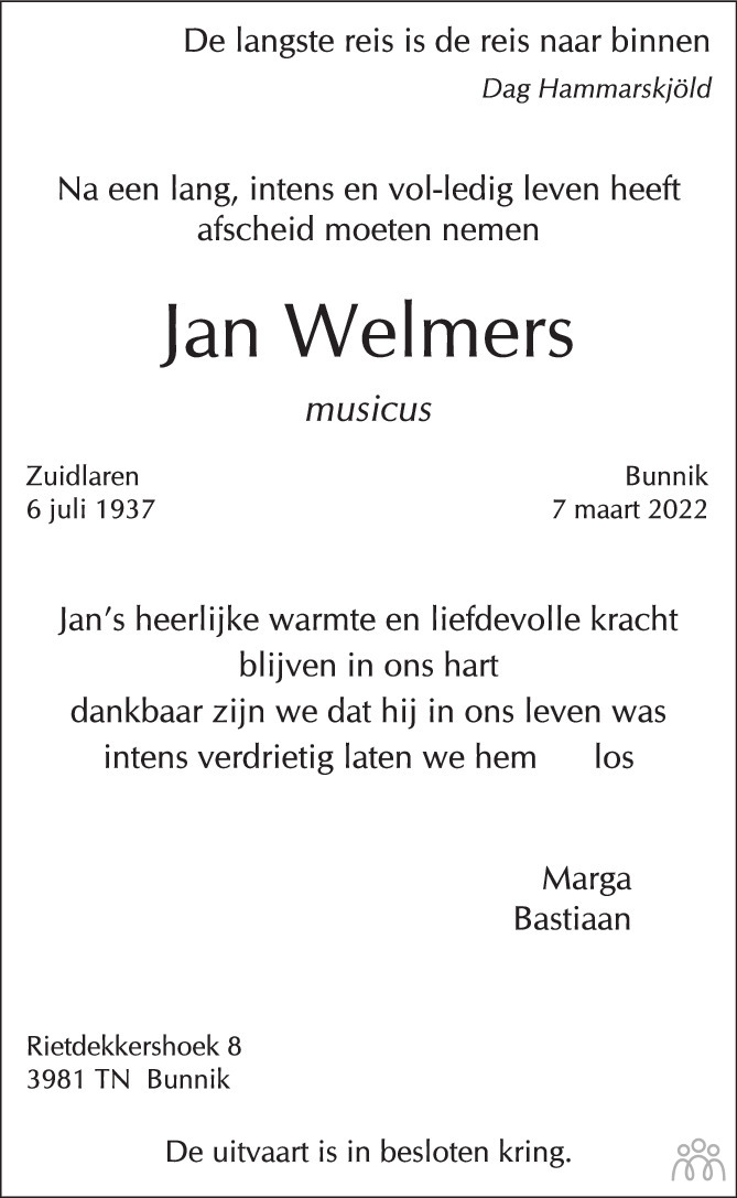 Overlijdensbericht van Jan Welmers in Trouw
