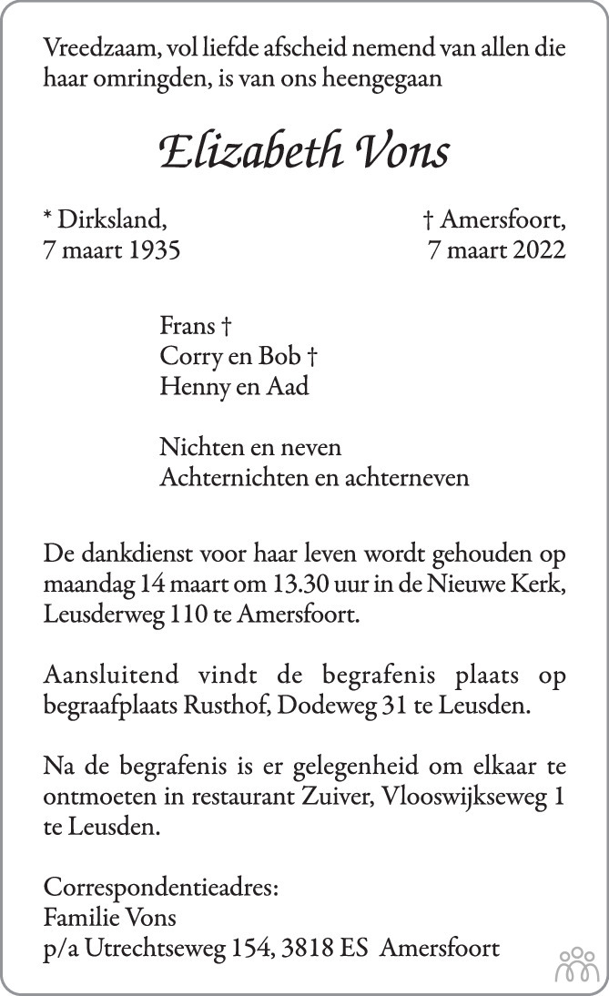Overlijdensbericht van Elizabeth Vons in AD Algemeen Dagblad