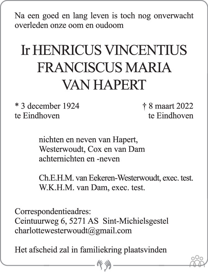 Henricus Vincentius Franciscus Maria van Hapert 08032022 overlijdensbericht en condoleances Henricus Vincentius Franciscus Maria van Hapert 08032022 overlijdensbericht en condoleances