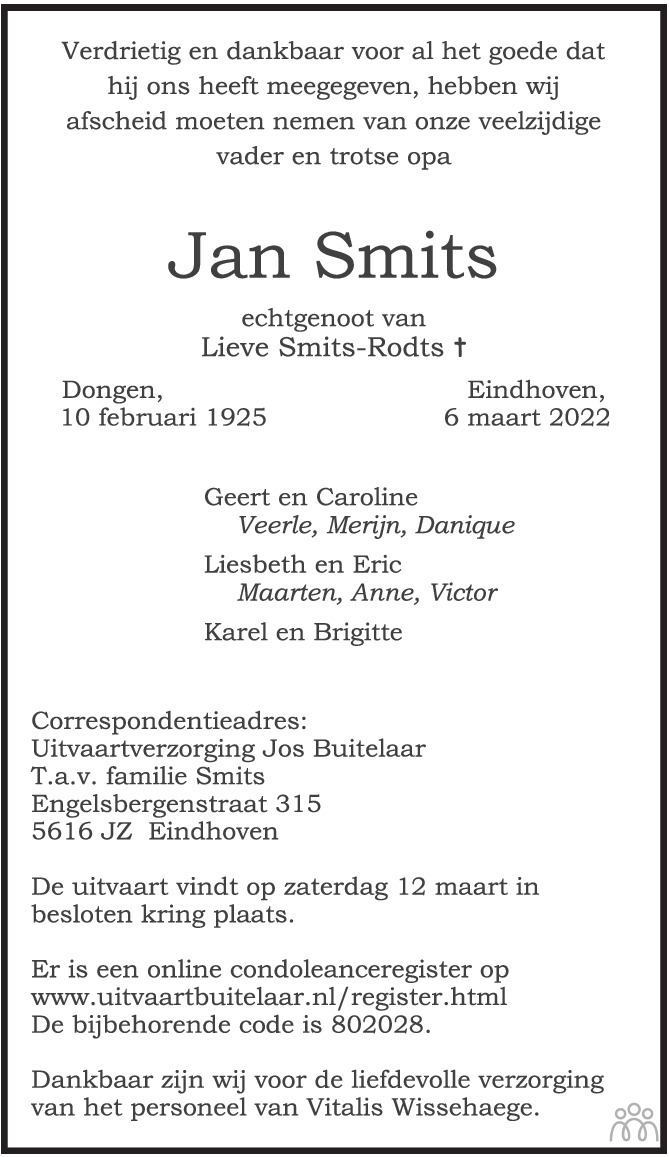 Overlijdensbericht van Jan Smits in Eindhovens Dagblad