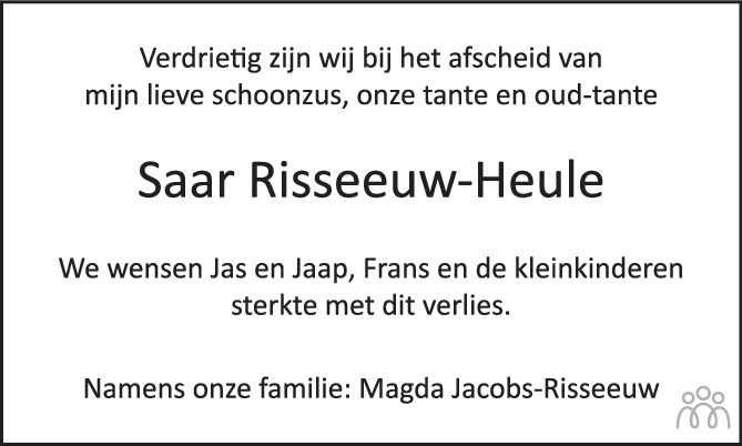Overlijdensbericht van Sara Jacoba (Saar) Risseeuw-Heule in PZC Provinciale Zeeuwse Courant
