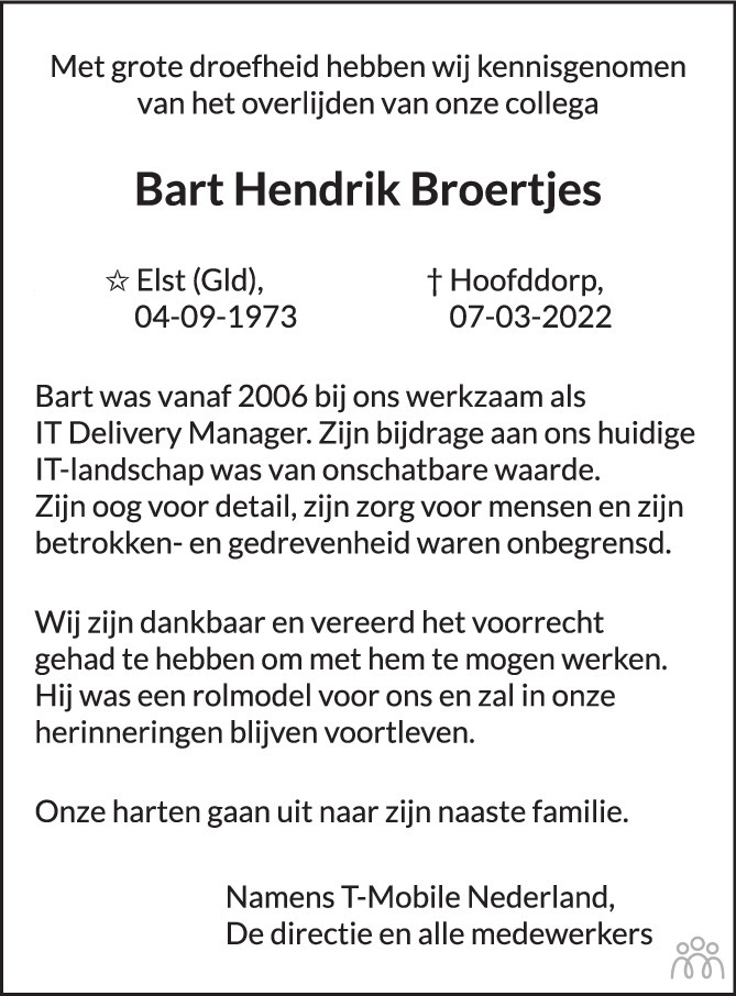 Overlijdensbericht van Bart Hendrik Broertjes in AD Algemeen Dagblad