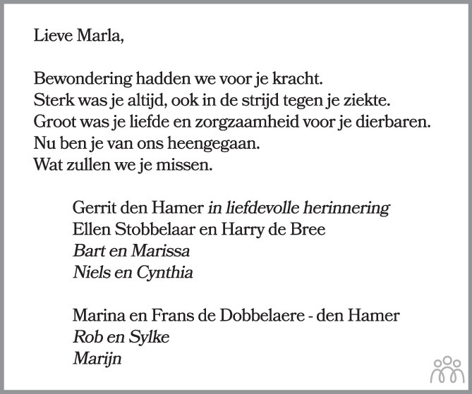 Overlijdensbericht van Maatje Cornelia Paulina (Marla) den Hamer-van Lare in PZC Provinciale Zeeuwse Courant