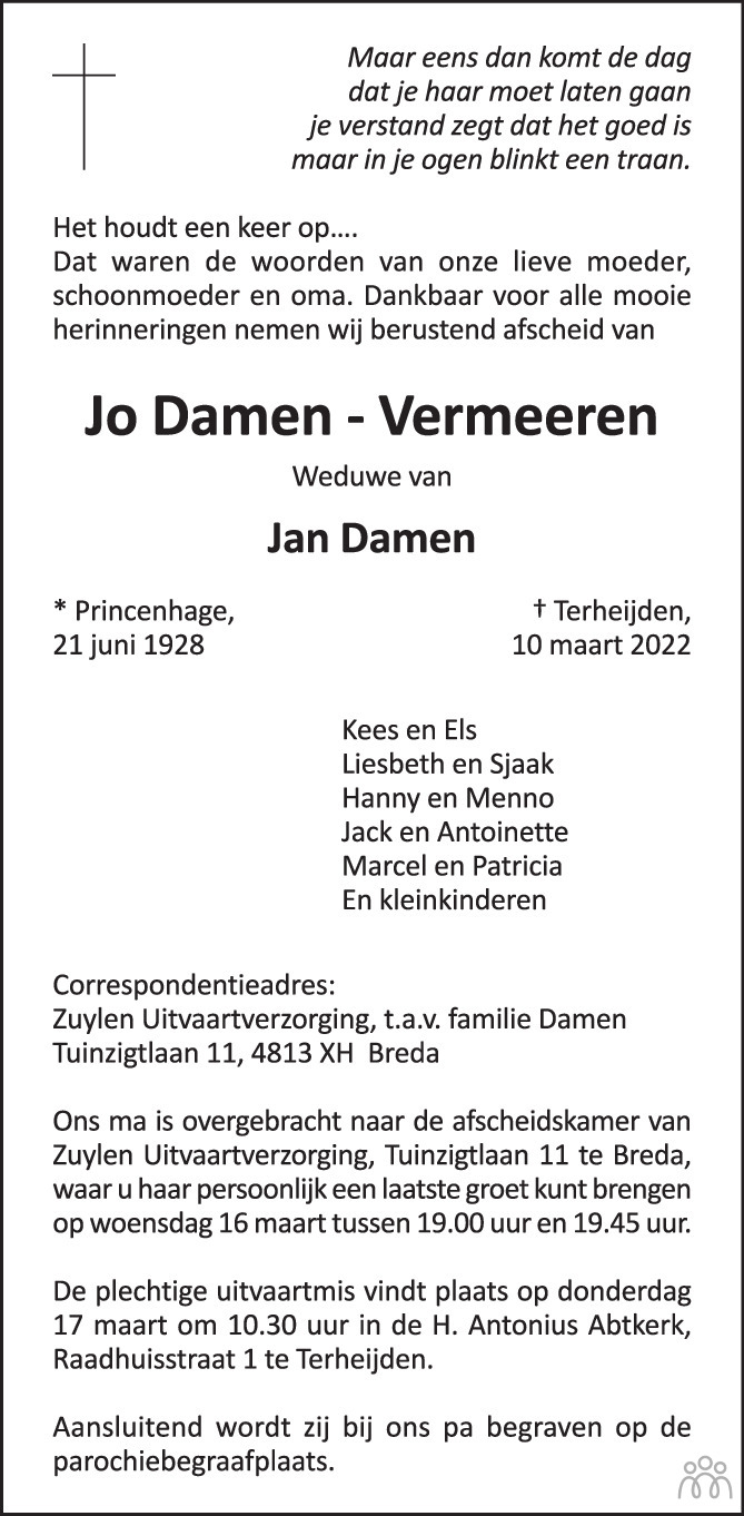 Jo Damen-Vermeeren 10-03-2022 overlijdensbericht en condoleances ...