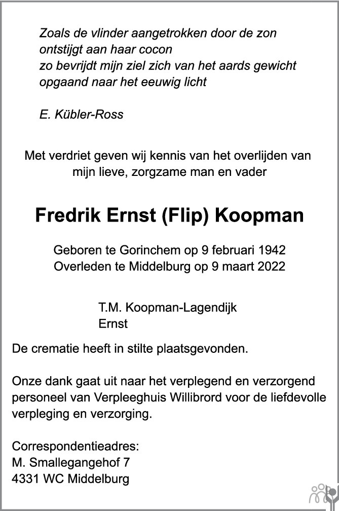 Overlijdensbericht van Flip (Fredrik Ernst) Koopman in PZC Provinciale Zeeuwse Courant