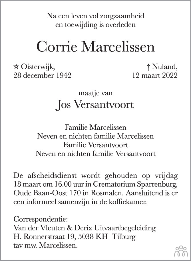 Overlijdensbericht van Corrie  Marcelissen in Brabants Dagblad