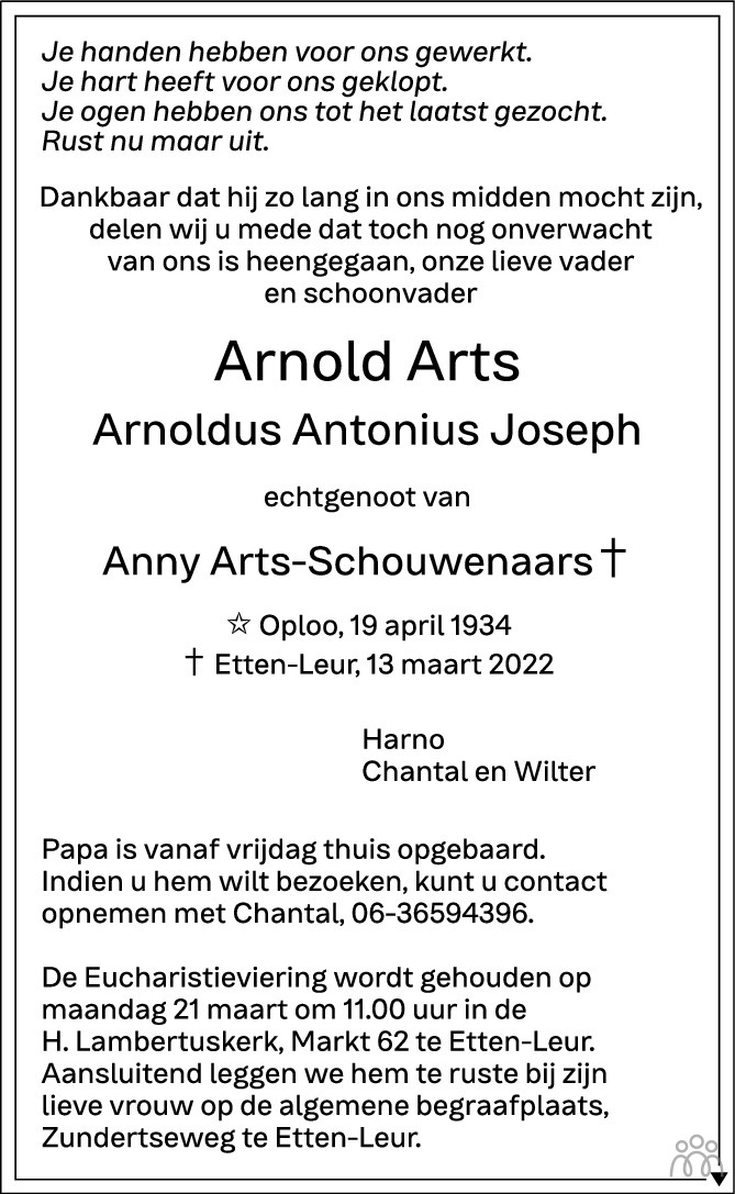 Overlijdensbericht van Arnold (Arnoldus Antonius Joseph) Arts in BN DeStem
