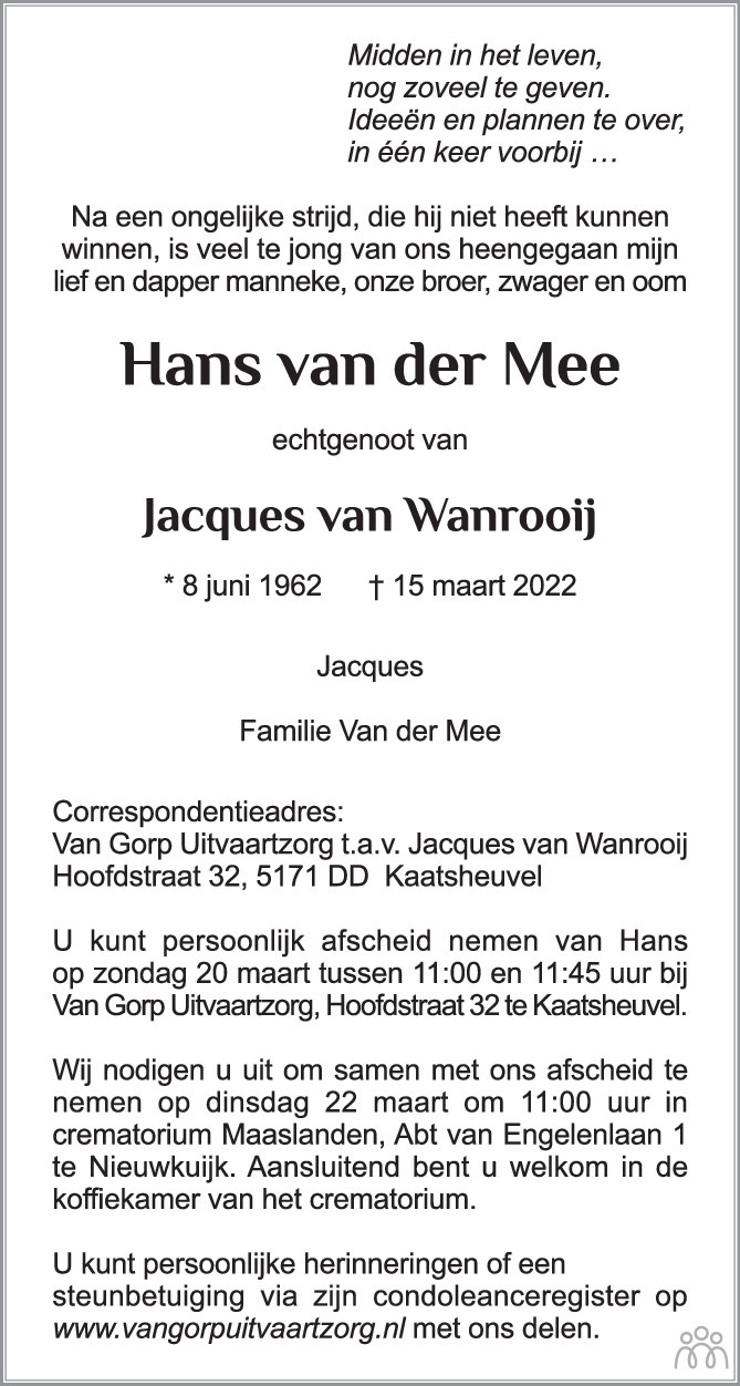 Hans van der Mee 15032022 overlijdensbericht en condoleances Mensenlinq.nl
