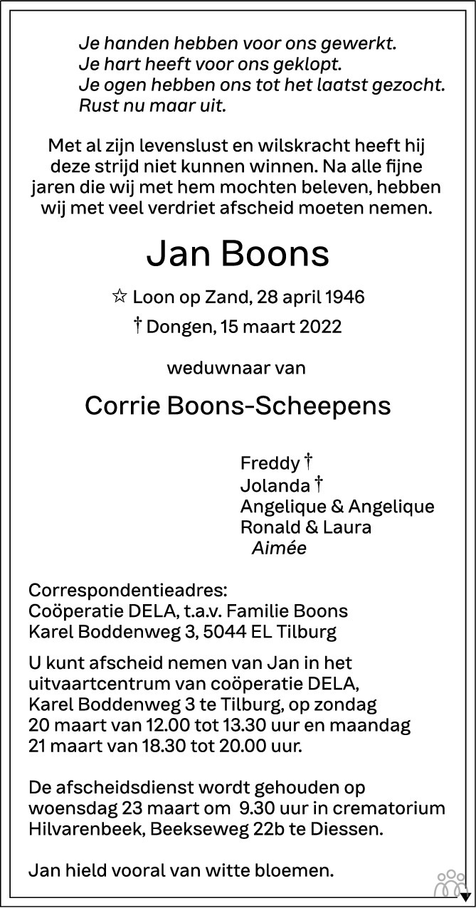 Overlijdensbericht van Jan Boons in Brabants Dagblad