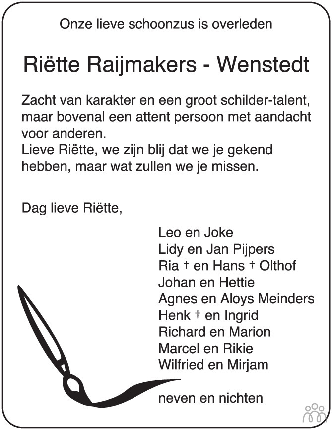Overlijdensbericht van Riëtte Raijmakers-Wenstedt in Tubantia