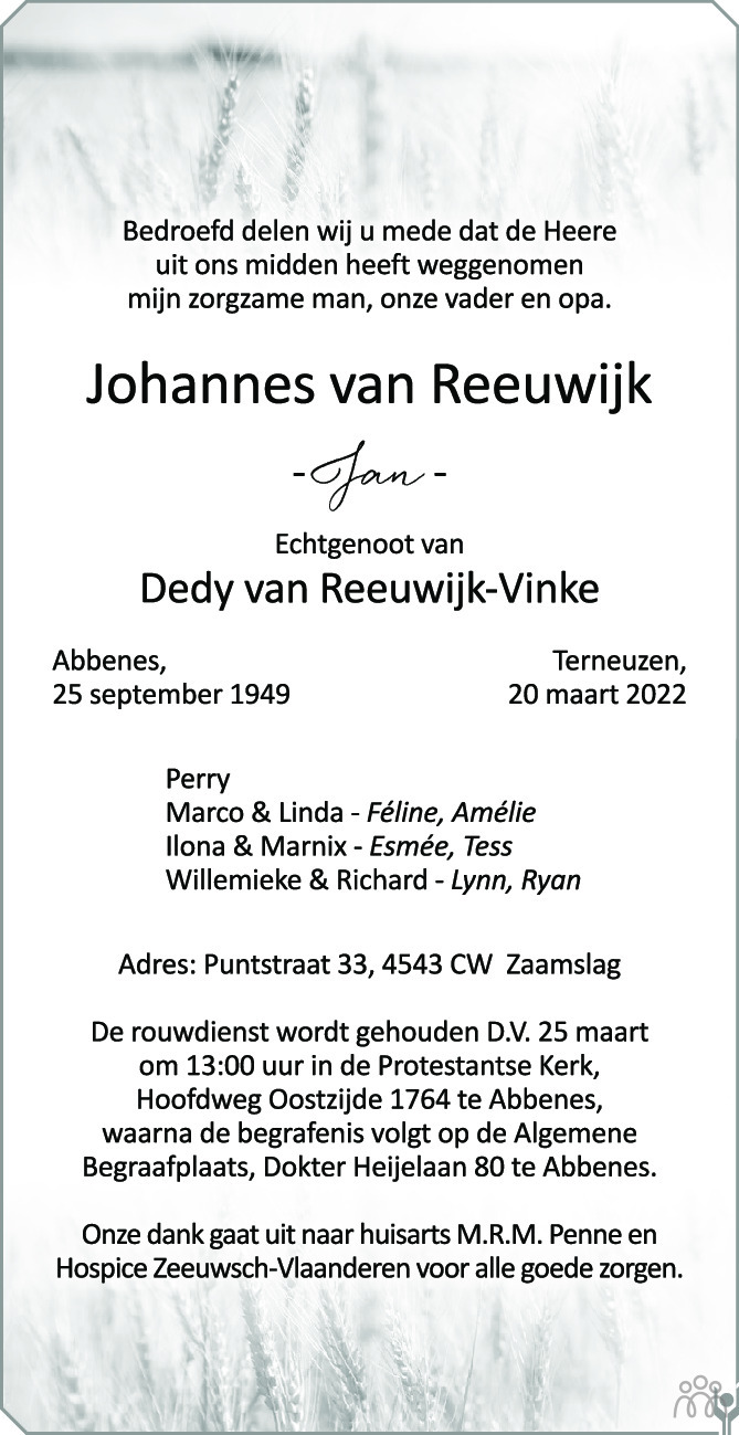 Overlijdensbericht van Johannes (Jan) van Reeuwijk in PZC Provinciale Zeeuwse Courant