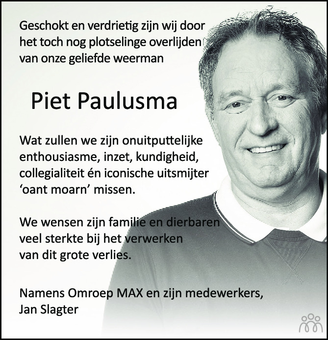 Overlijdensbericht van Piet Paulusma in AD Algemeen Dagblad