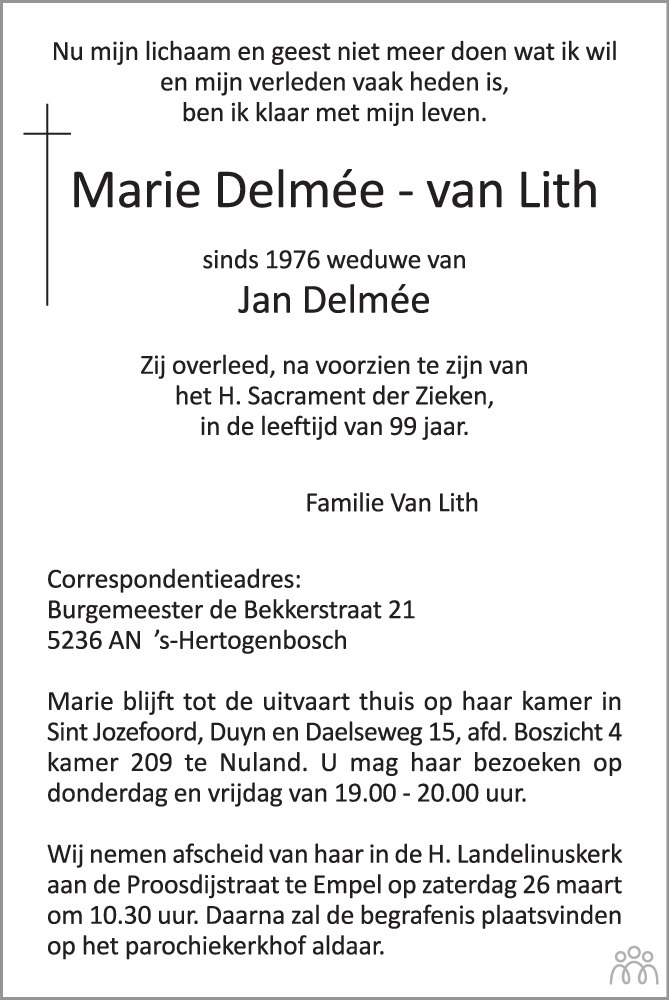 Overlijdensbericht van Marie Delmée-van Lith in Brabants Dagblad
