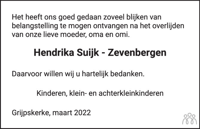 Overlijdensbericht van Hendrika Suijk-Zevenbergen in PZC Provinciale Zeeuwse Courant