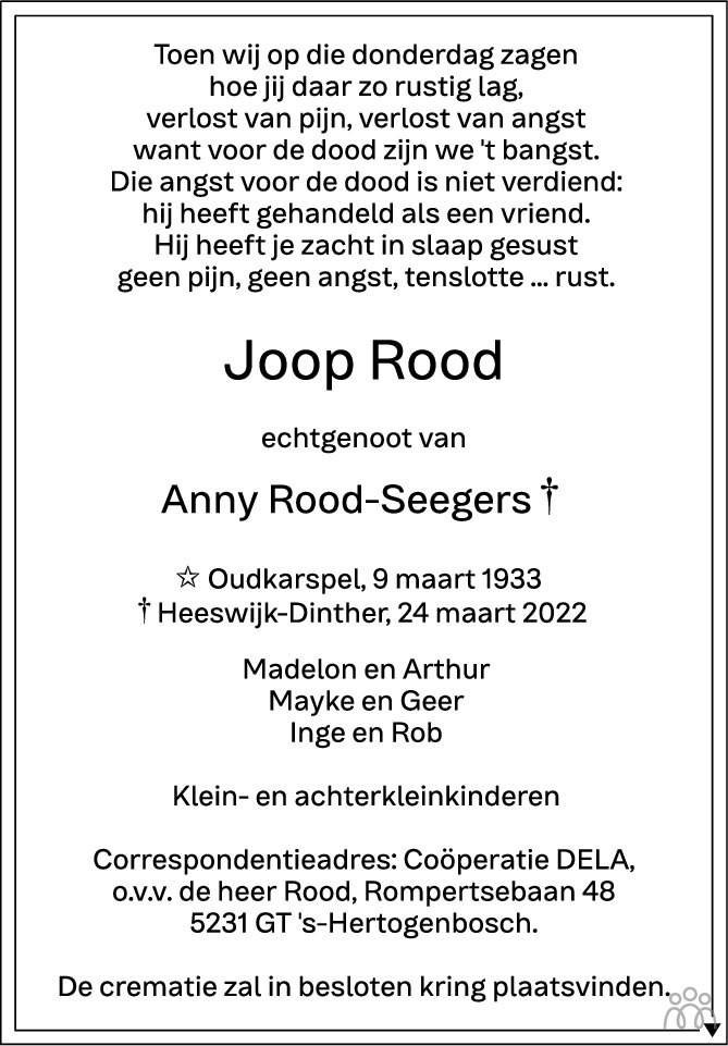 Overlijdensbericht van Joop Rood in Brabants Dagblad
