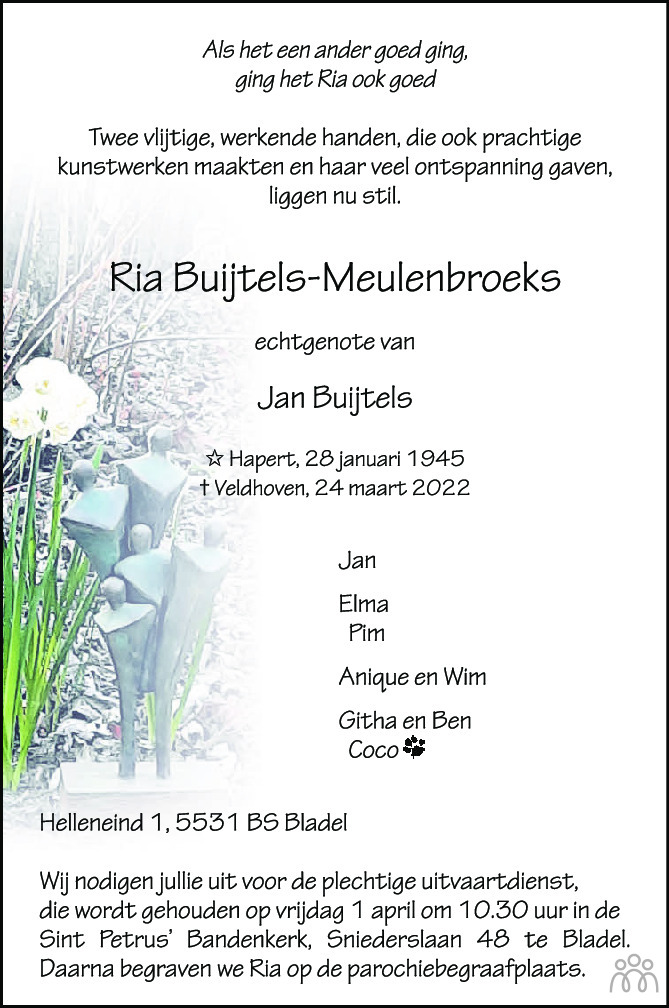 Overlijdensbericht van Ria Buijtels-Meulenbroeks in Eindhovens Dagblad