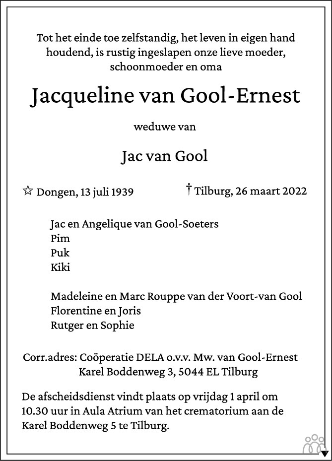 Overlijdensbericht van Jacqueline van Gool-Ernest in Brabants Dagblad