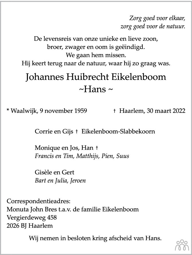 Overlijdensbericht van Johannes Huibrecht (Hans) Eikelenboom in Brabants Dagblad