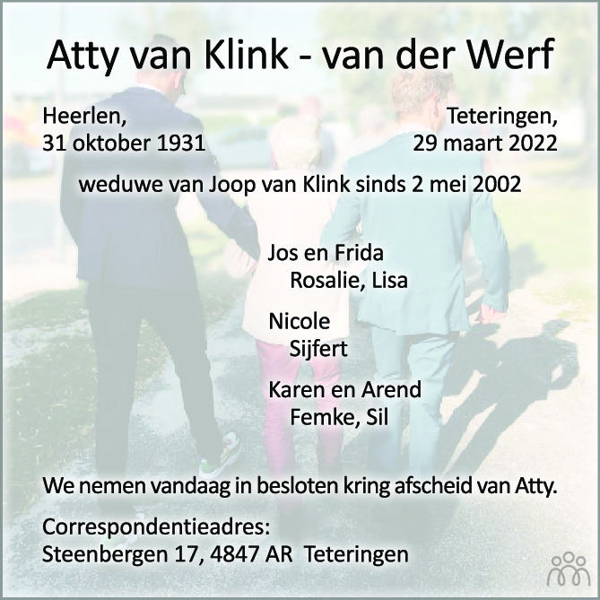 Overlijdensbericht van Atty van Klink-van der Werf in BN DeStem