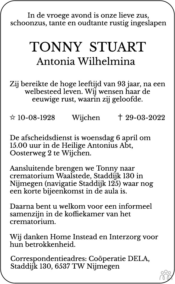 Overlijdensbericht van Tonny (Antonia Wilhelmina) Stuart in de Gelderlander